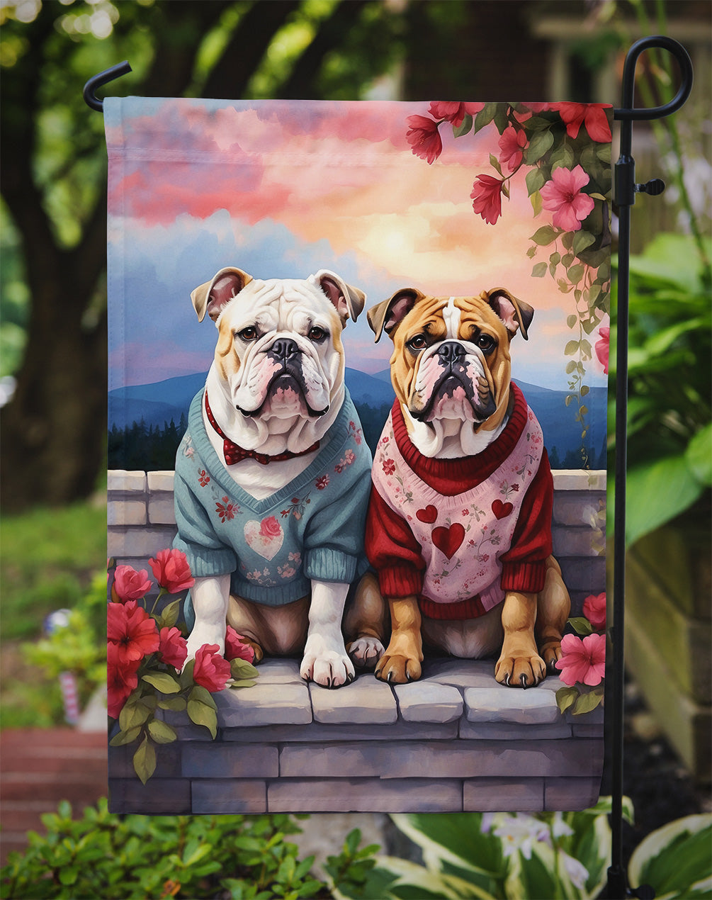 English Bulldog Two Hearts Garden Flag