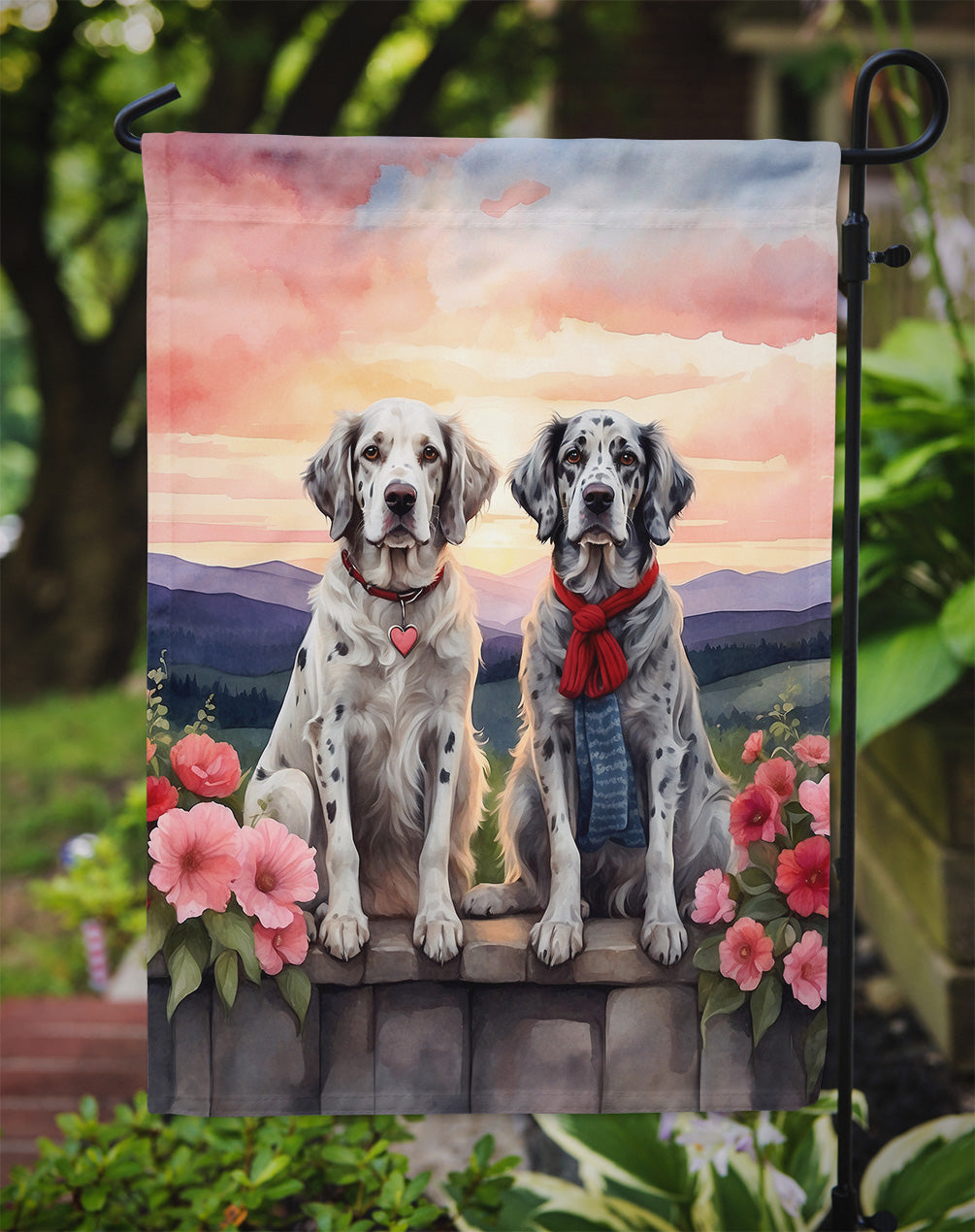 English Setter Two Hearts Garden Flag