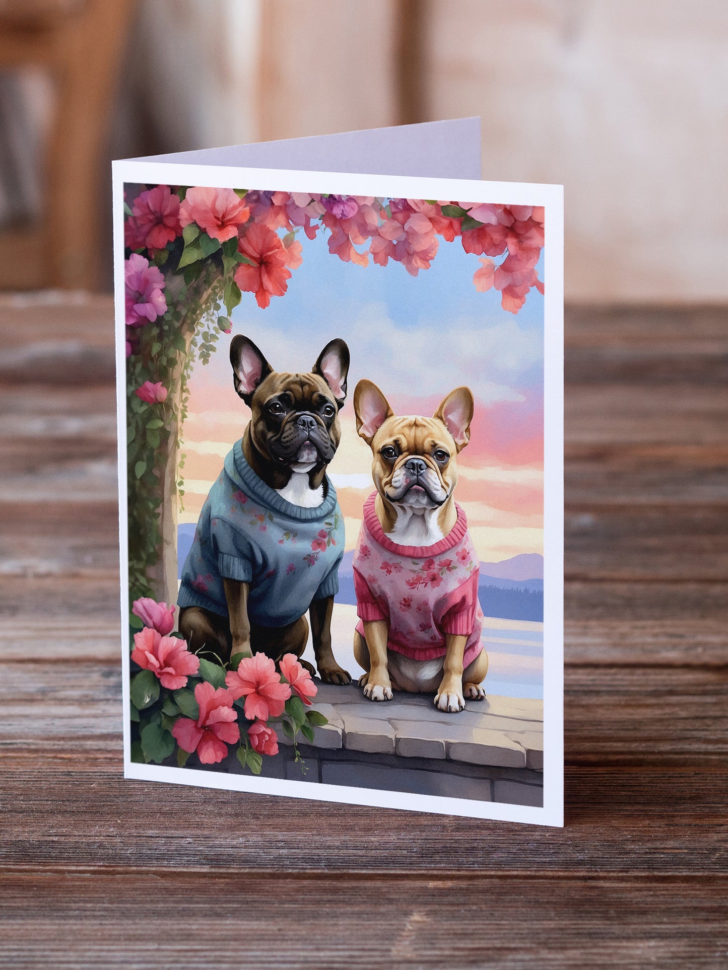 French Bulldog Two Hearts Greeting Cards Pack of 8