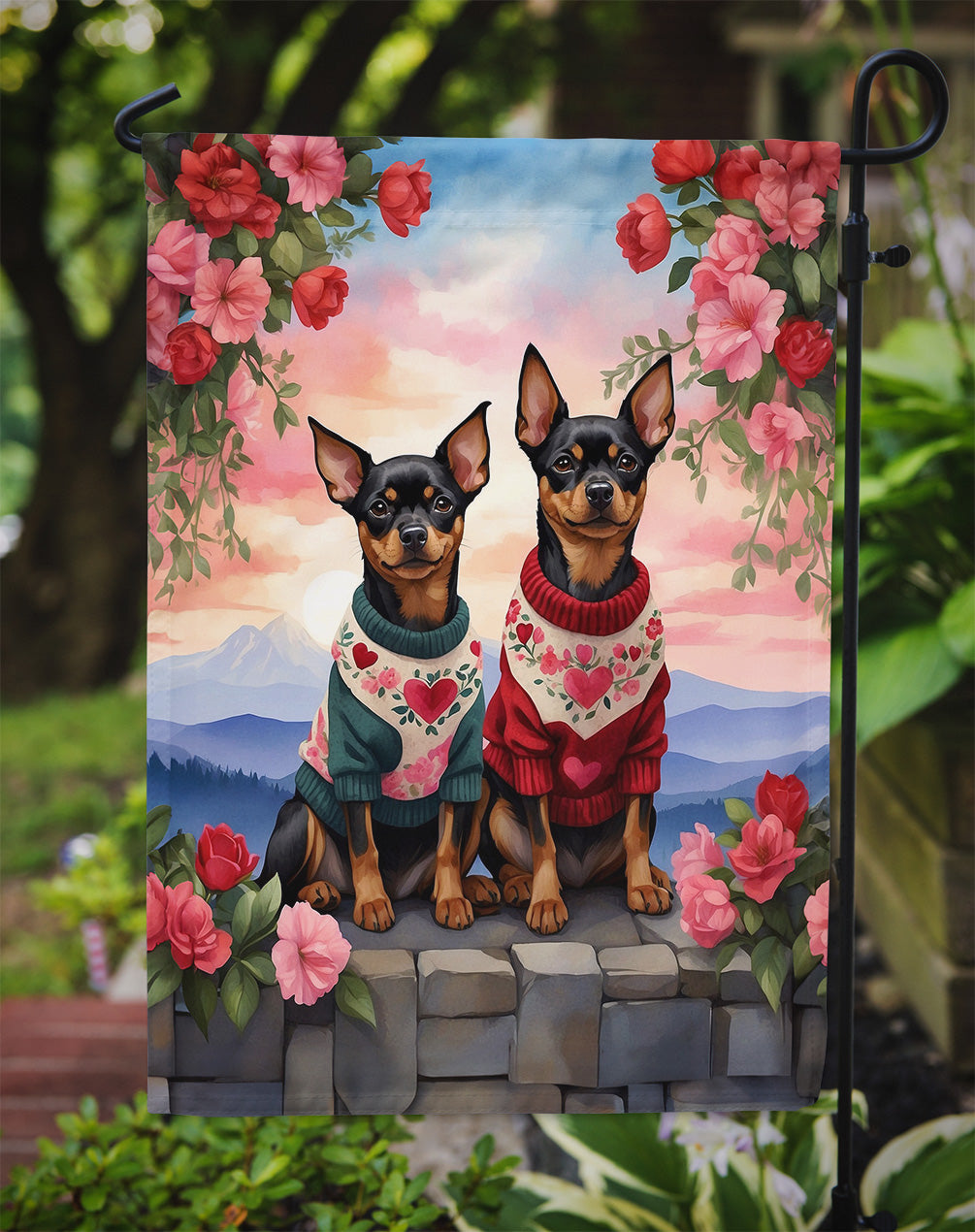 Miniature Pinscher Two Hearts Garden Flag