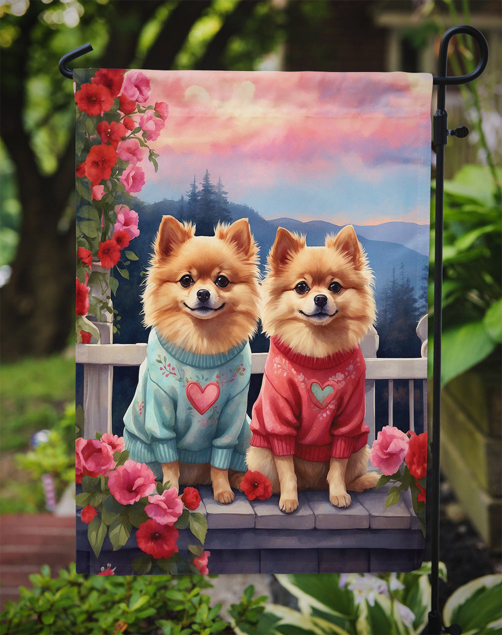 Pomeranian Two Hearts Garden Flag