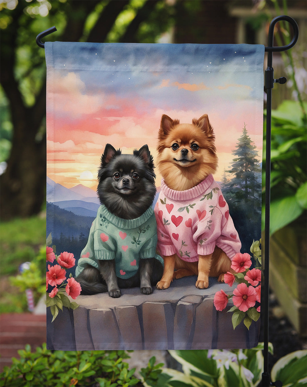 Pomeranian Two Hearts Garden Flag