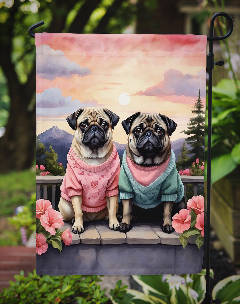 Pug Two Hearts Garden Flag