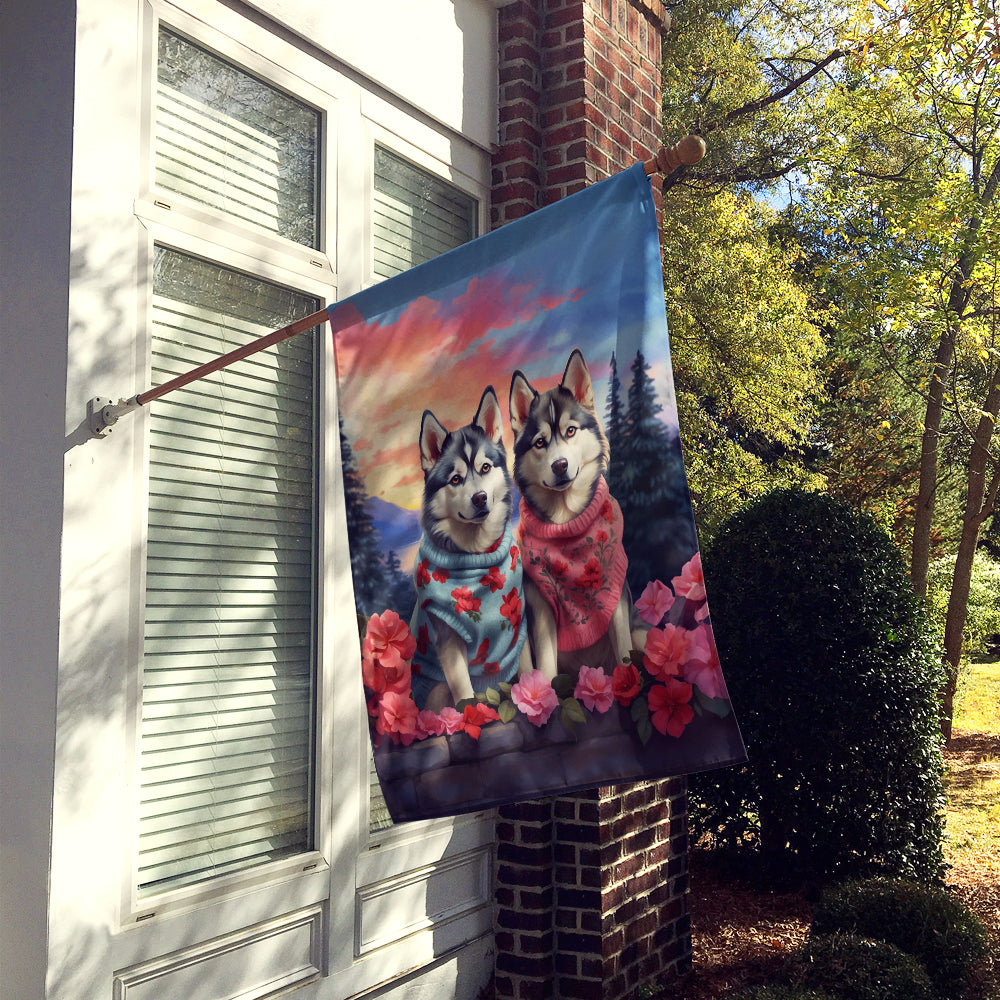 Siberian Husky Two Hearts House Flag