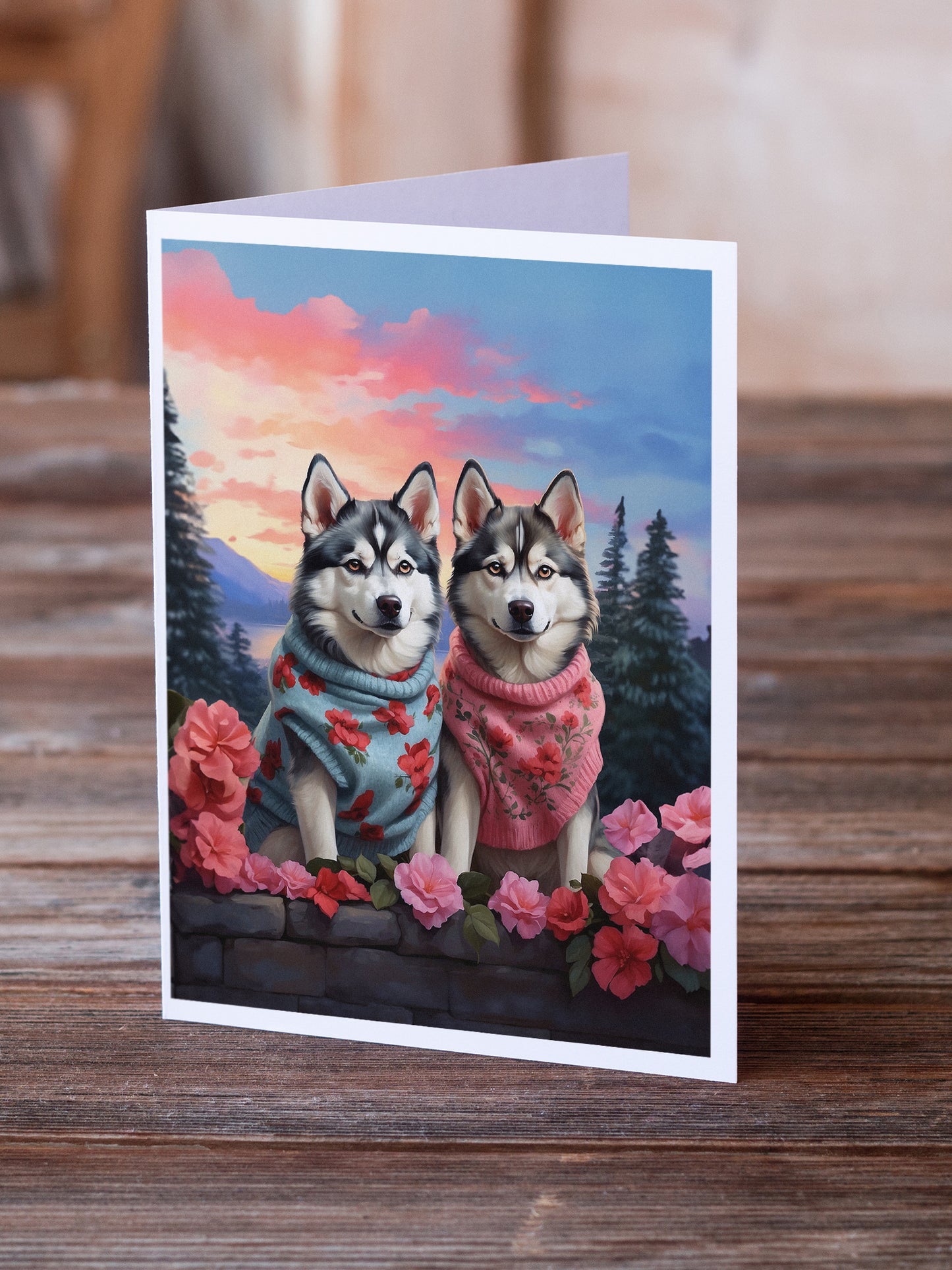 Siberian Husky Two Hearts Greeting Cards Pack of 8
