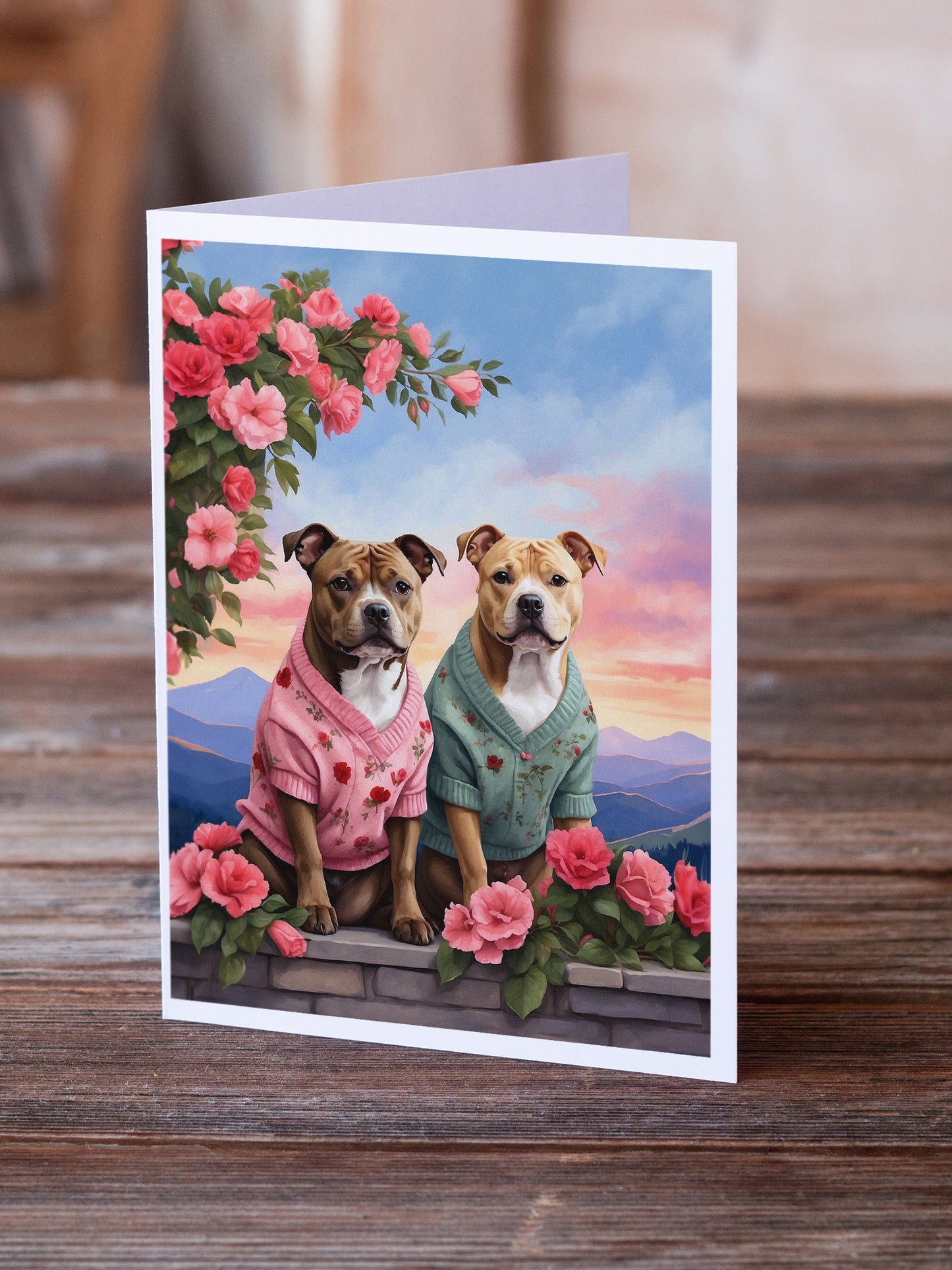 Staffordshire Bull Terrier Two Hearts Greeting Cards Pack of 8