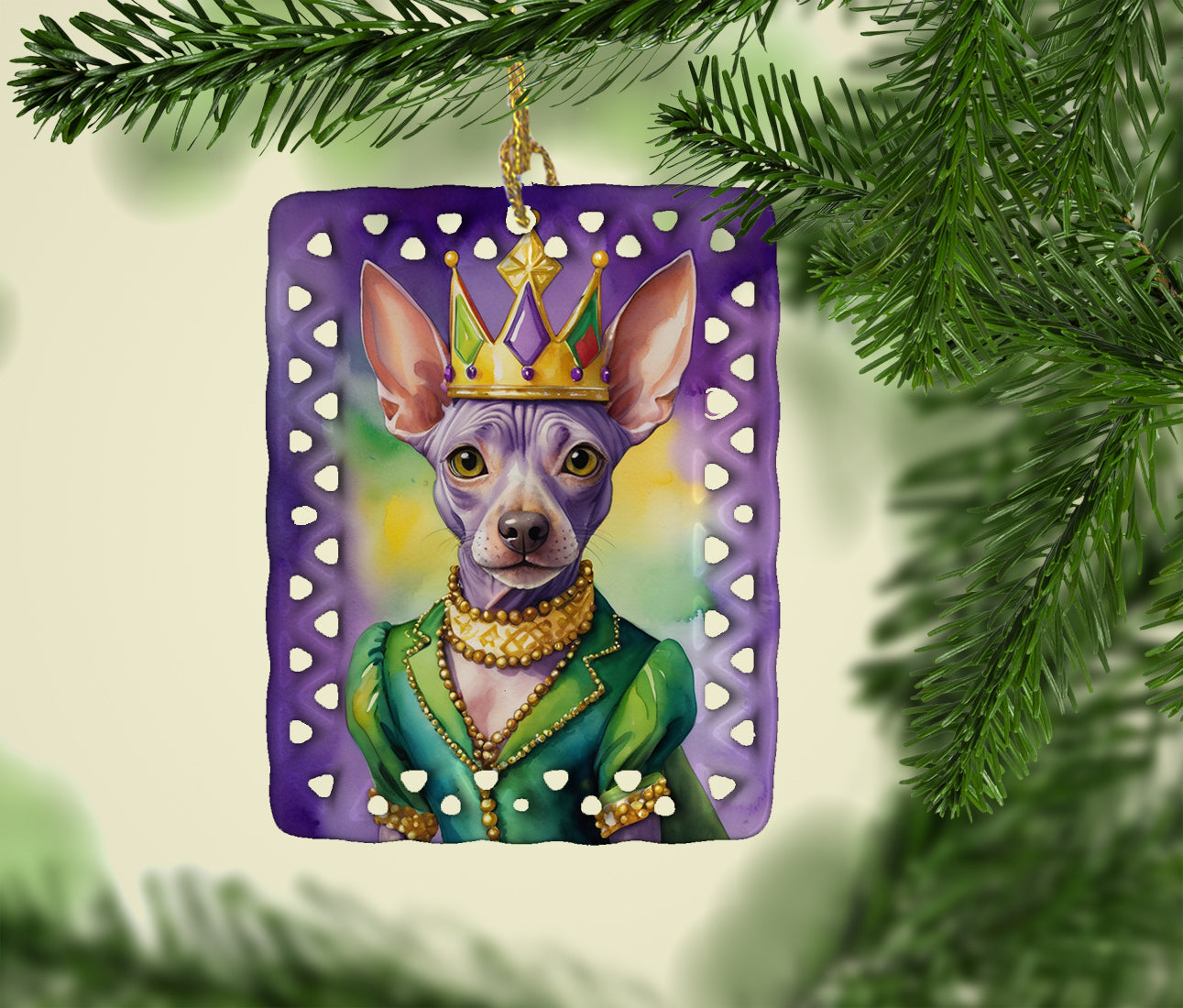 American Hairless Terrier King of Mardi Gras Porcelain Ornament