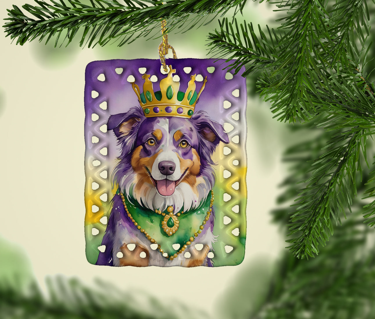 Australian Shepherd King of Mardi Gras Porcelain Ornament