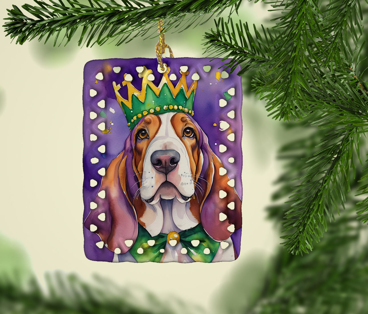 Basset Hound King of Mardi Gras Porcelain Ornament