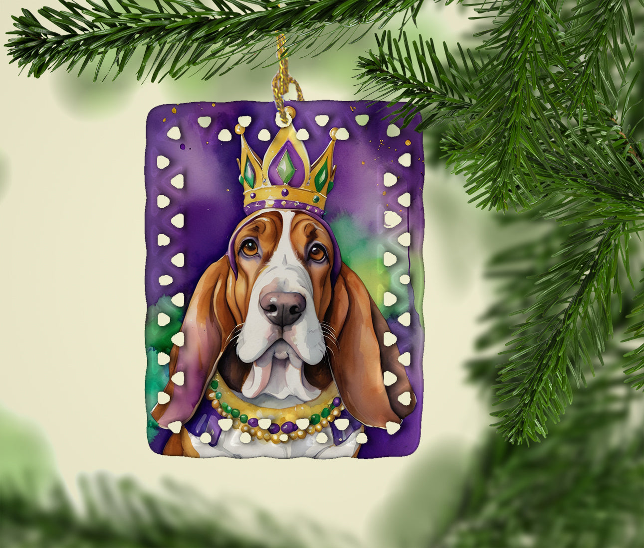 Basset Hound King of Mardi Gras Porcelain Ornament