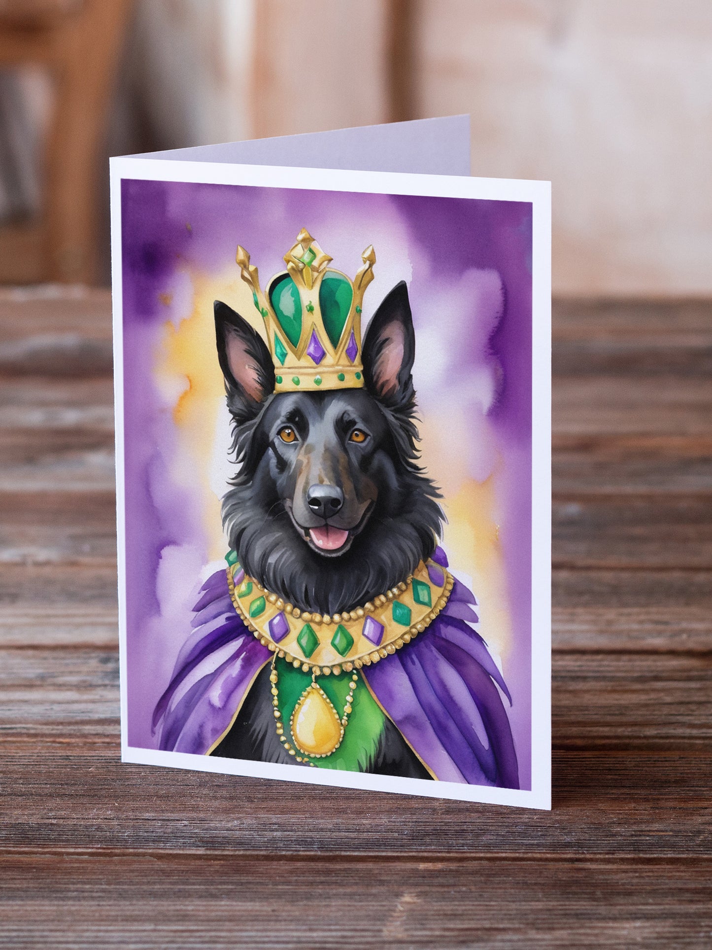Belgian Sheepdog King of Mardi Gras Greeting Cards Pack of 8
