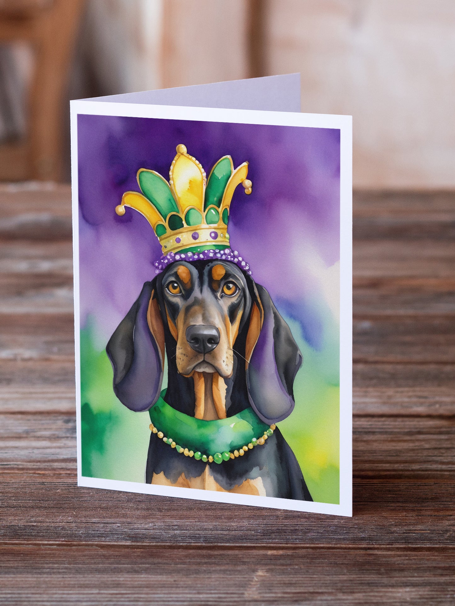 Black and Tan Coonhound King of Mardi Gras Greeting Cards Pack of 8