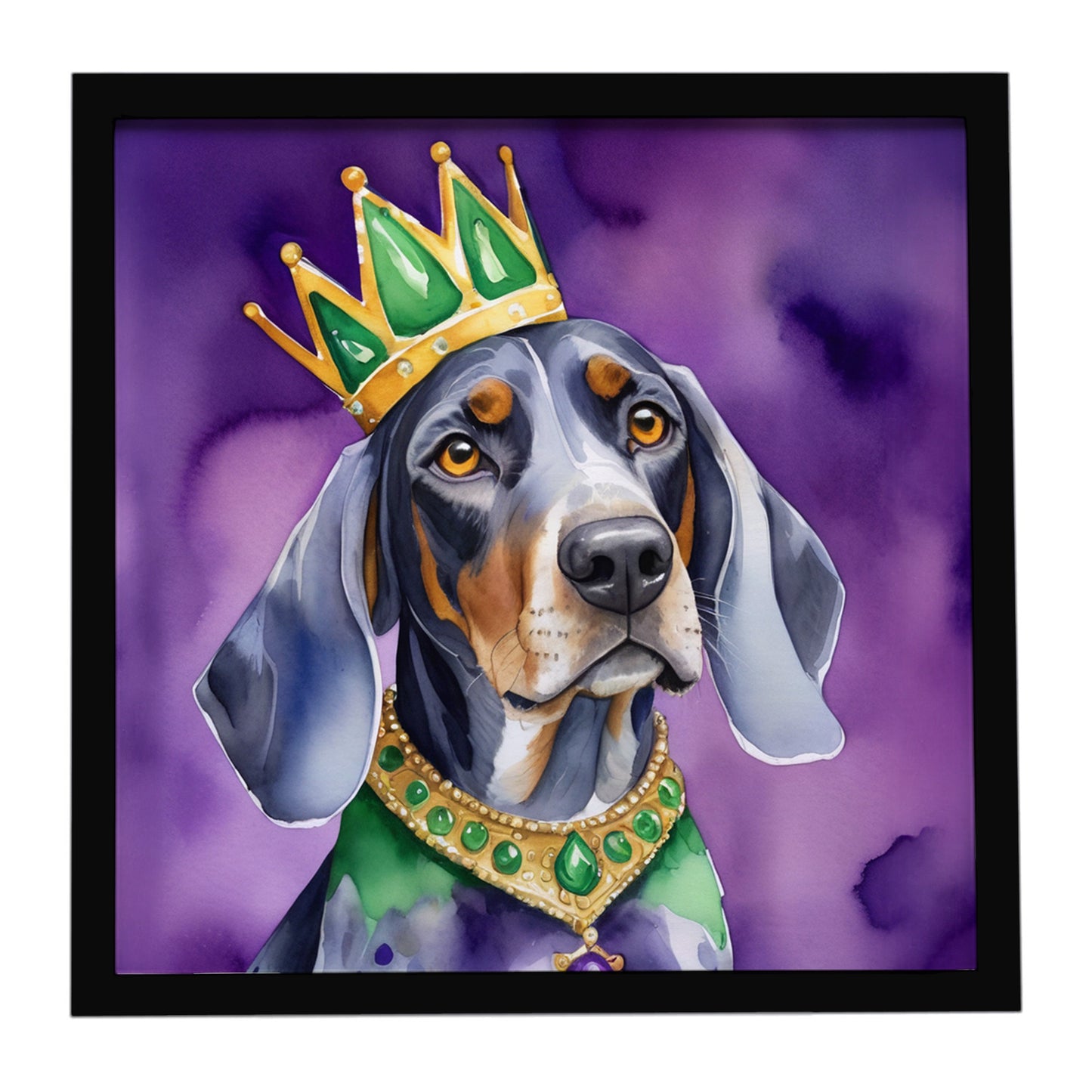 Buy this Bluetick Coonhound King of Mardi Gras Framed Metal Print