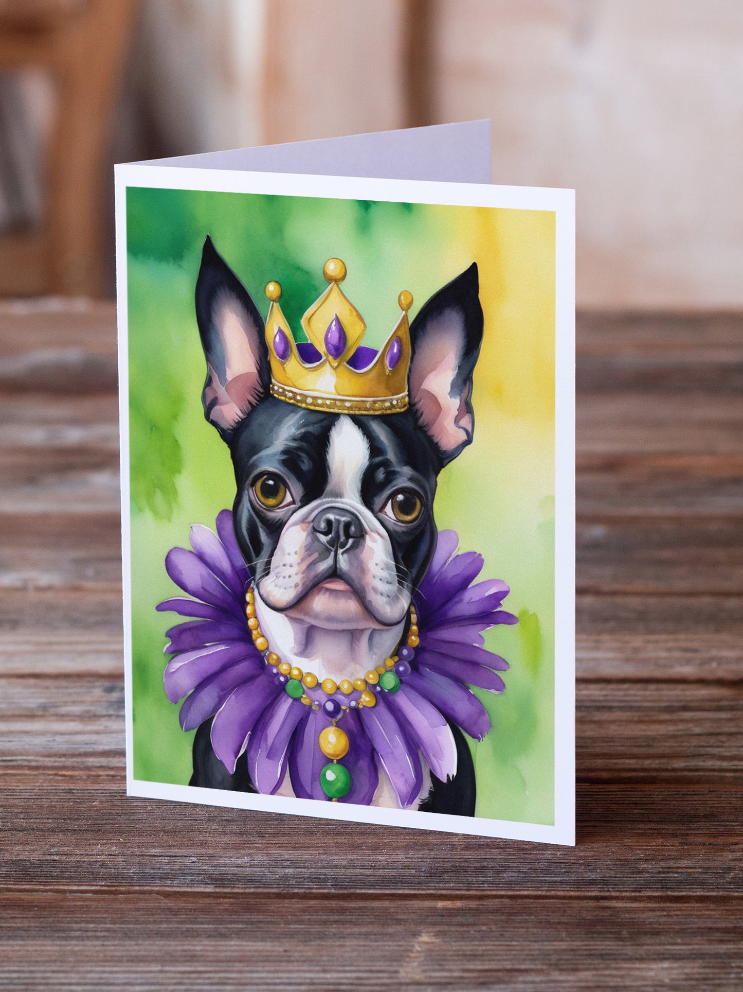 Boston Terrier King of Mardi Gras Greeting Cards Pack of 8