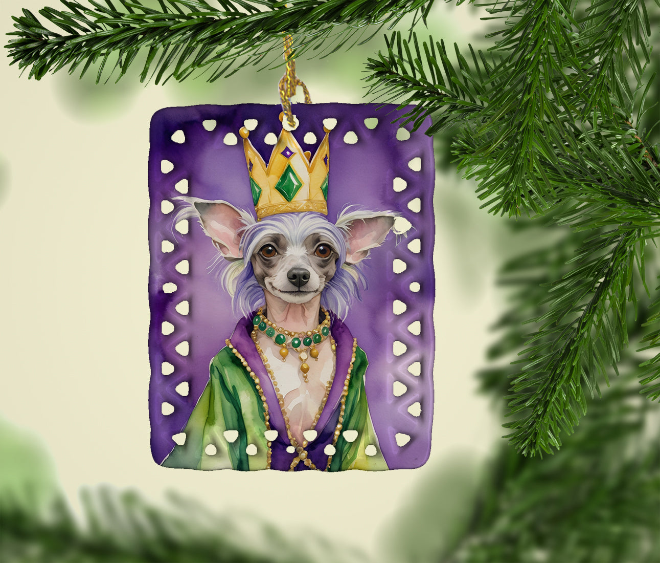 Chinese Crested King of Mardi Gras Porcelain Ornament