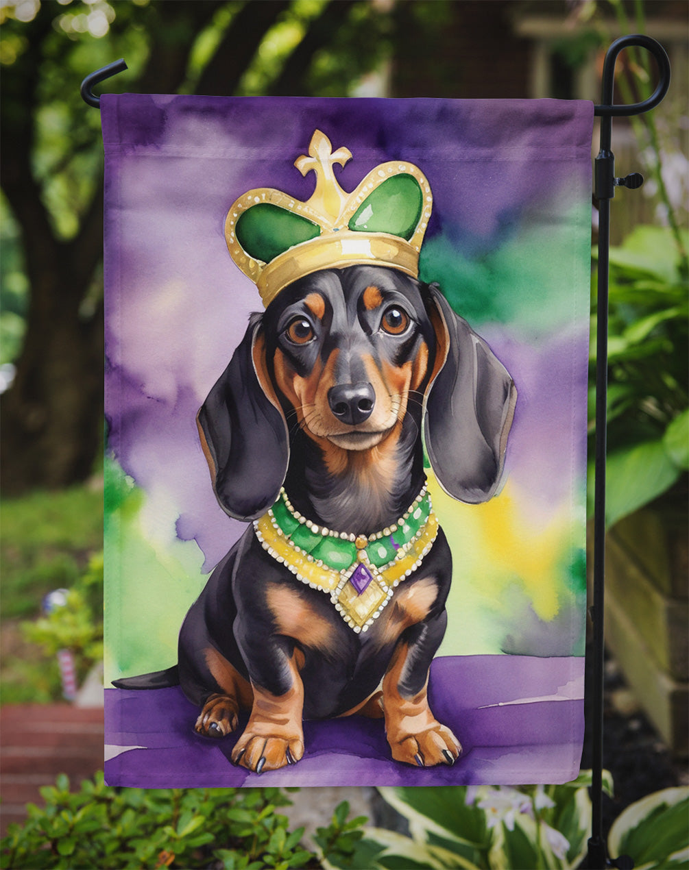 Dachshund King of Mardi Gras Garden Flag