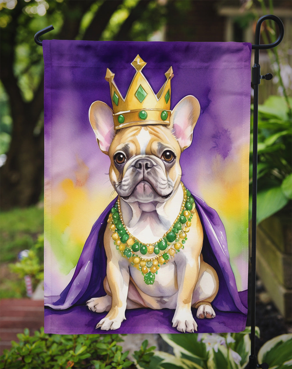 French Bulldog King of Mardi Gras Garden Flag