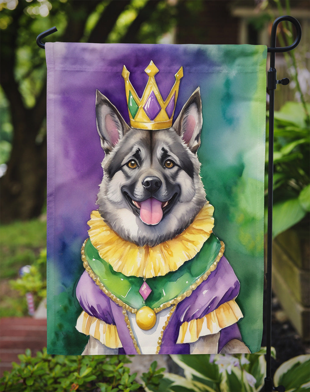 Norwegian Elkhound King of Mardi Gras Garden Flag