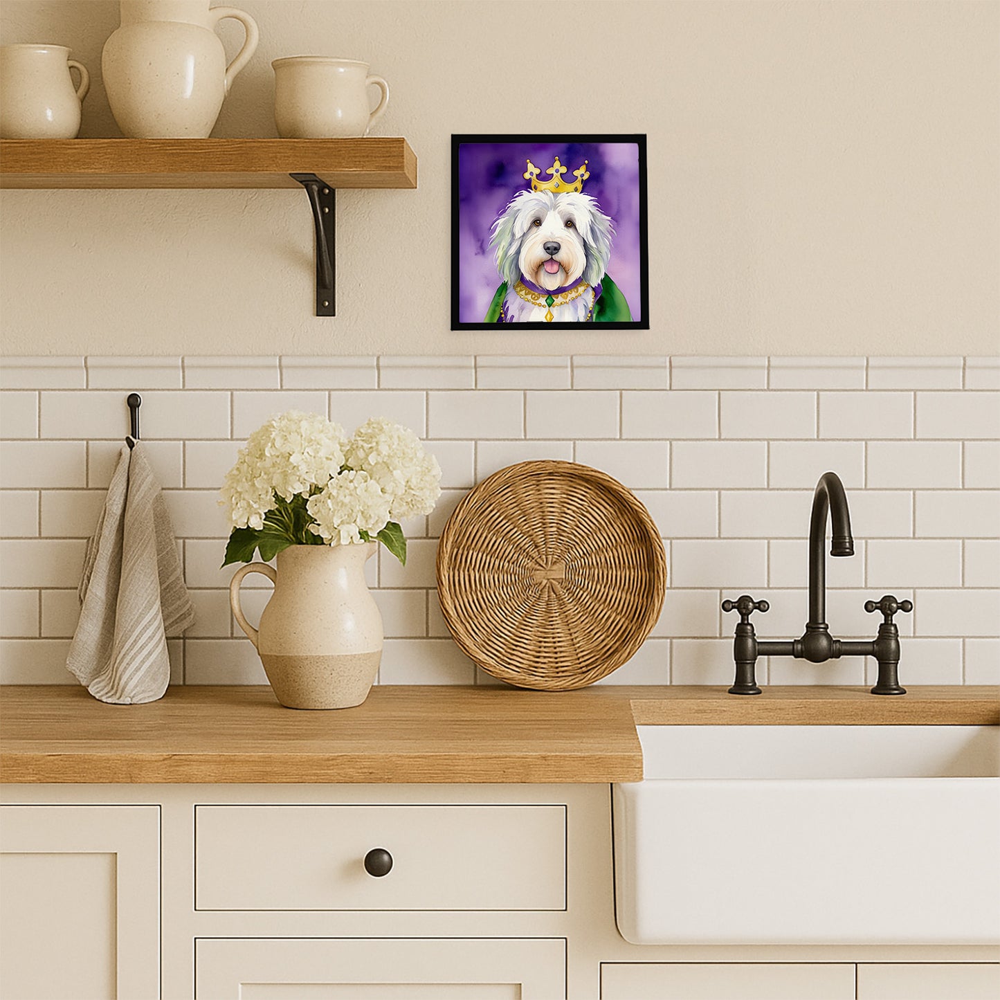 Old English Sheepdog King of Mardi Gras Framed Metal Print
