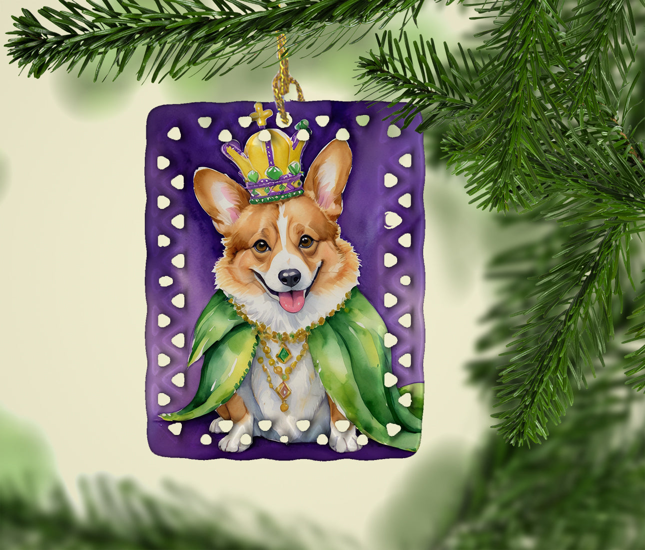 Corgi King of Mardi Gras Porcelain Ornament