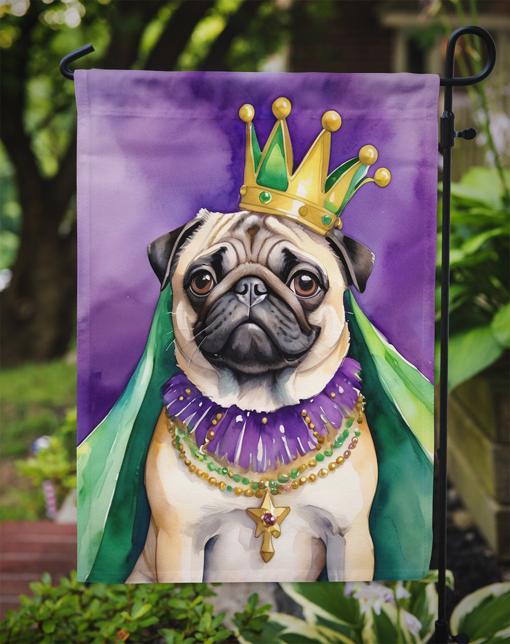 Pug King of Mardi Gras Garden Flag