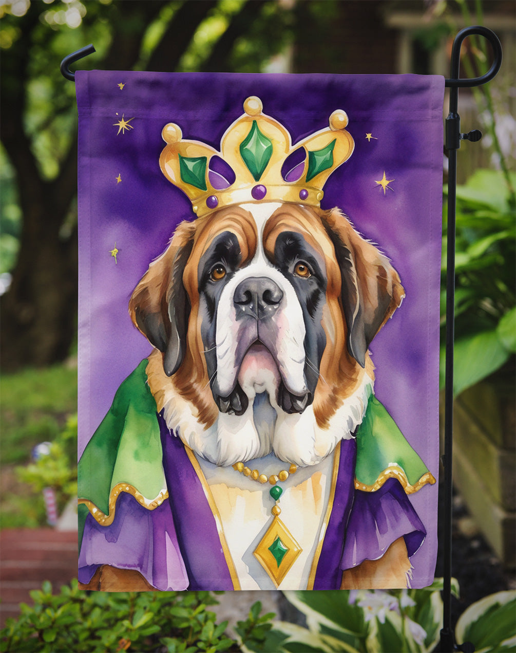 Saint Bernard King of Mardi Gras Garden Flag