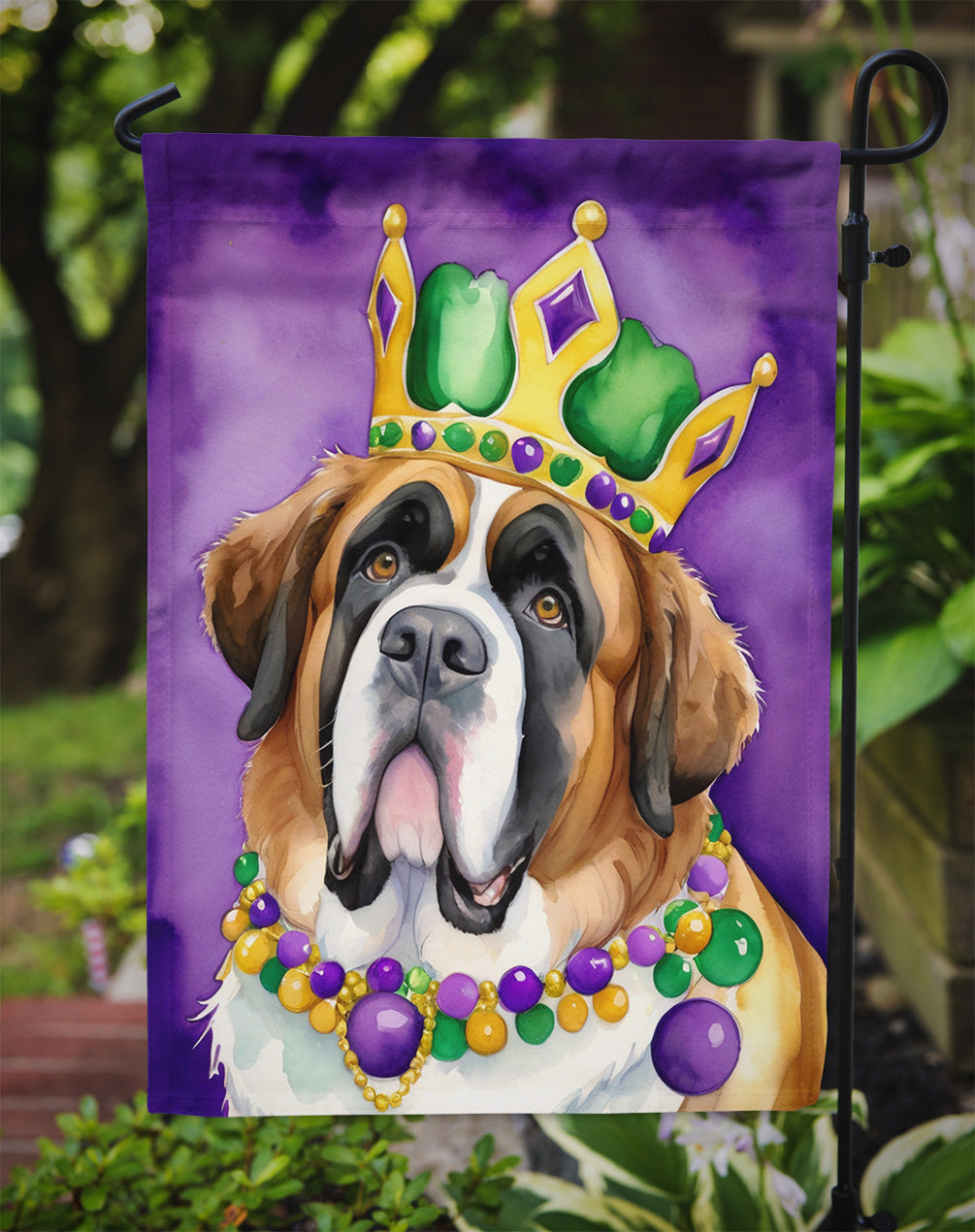 Saint Bernard King of Mardi Gras Garden Flag