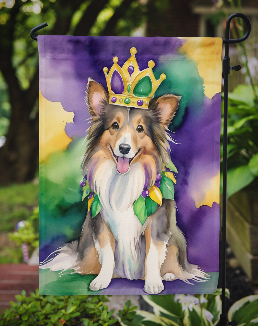 Sheltie King of Mardi Gras Garden Flag