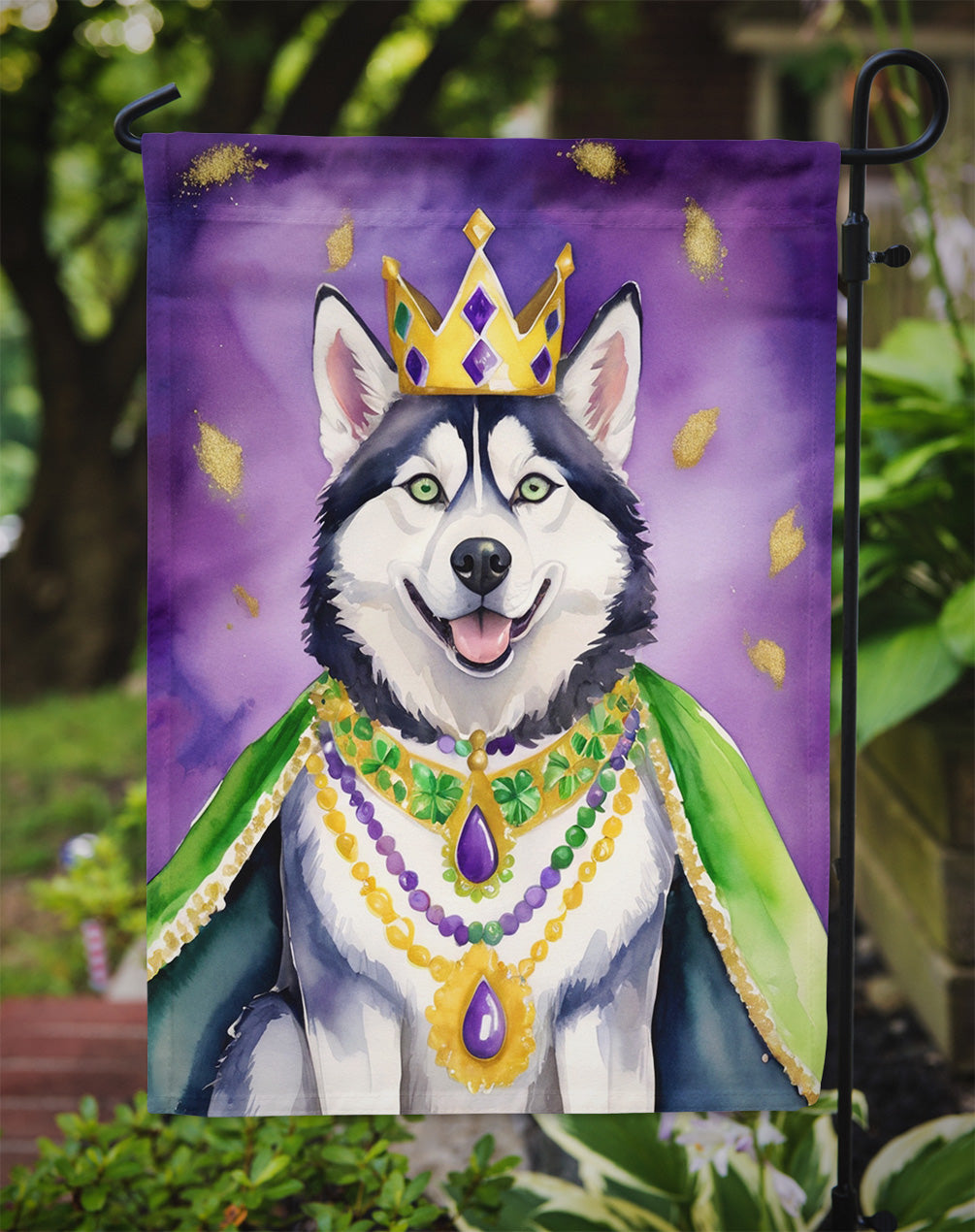 Siberian Husky King of Mardi Gras Garden Flag