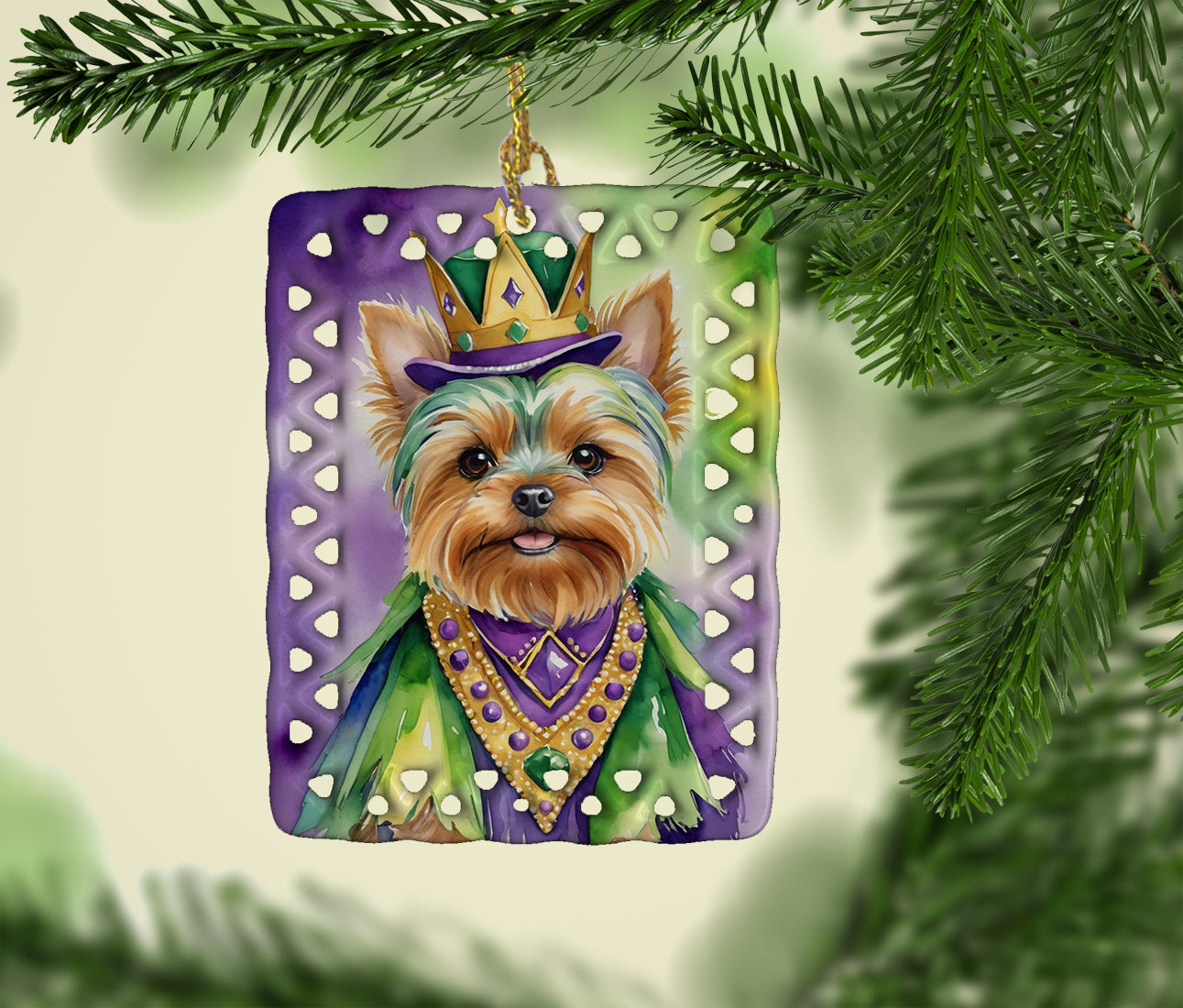 Yorkshire Terrier King of Mardi Gras Porcelain Ornament