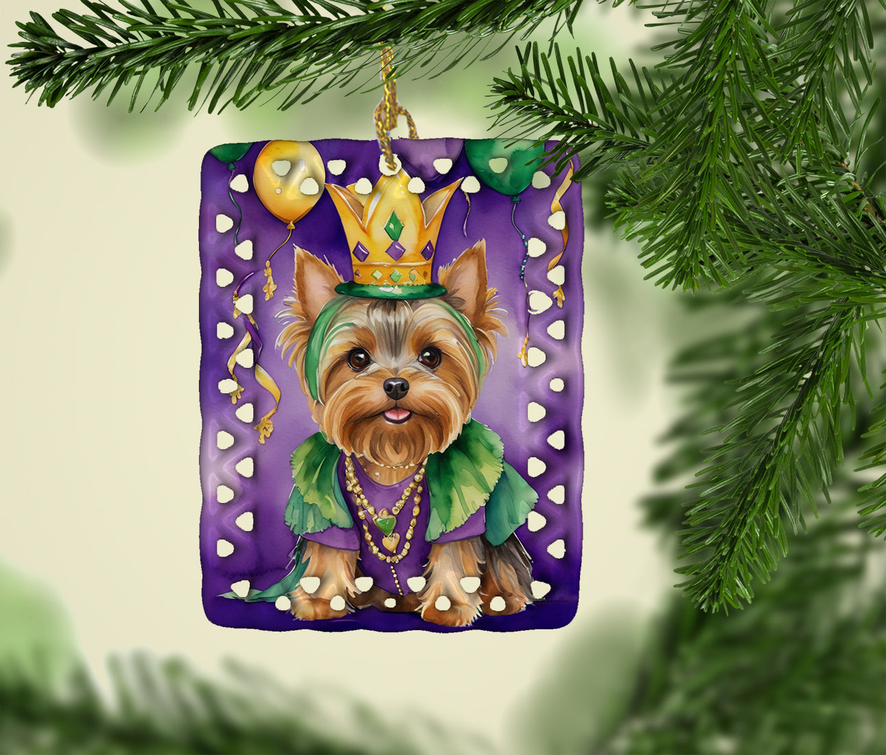 Yorkshire Terrier King of Mardi Gras Porcelain Ornament