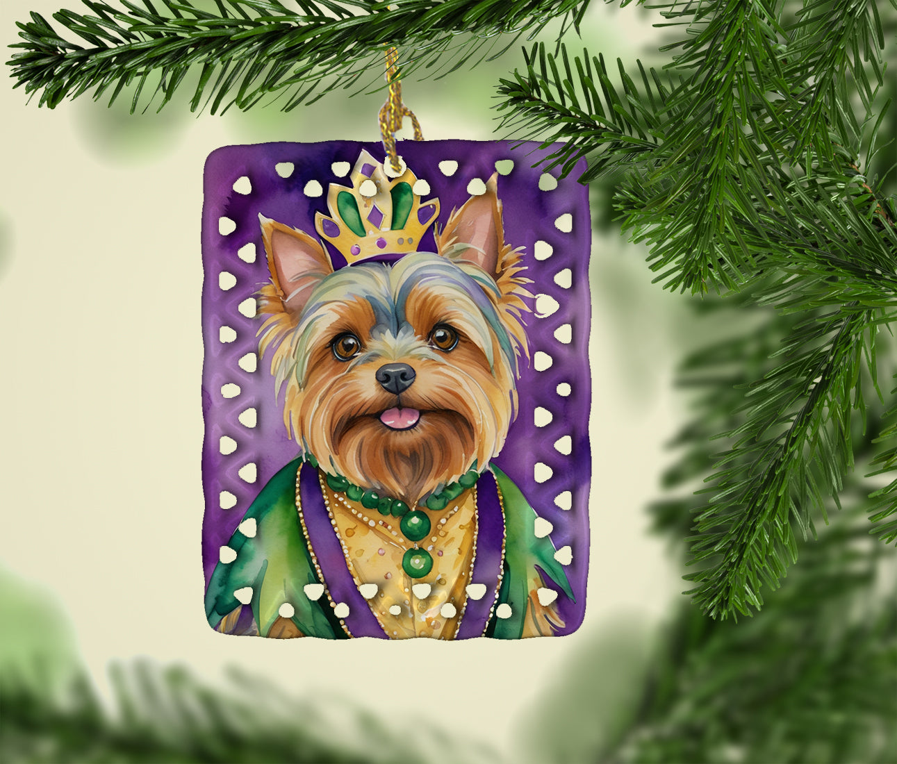 Yorkshire Terrier King of Mardi Gras Porcelain Ornament