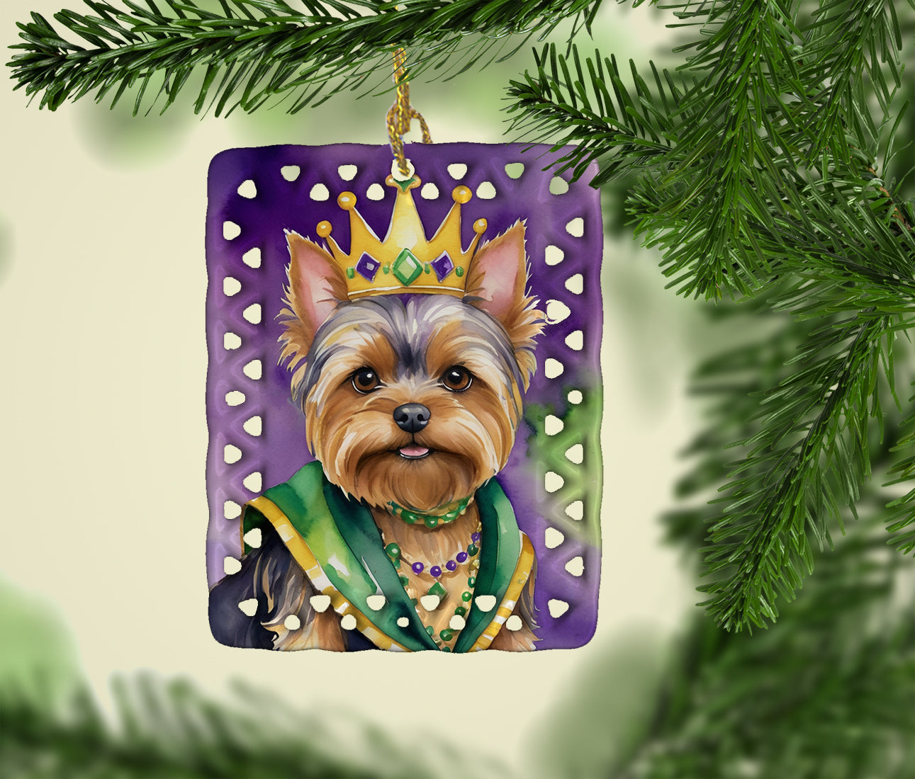 Yorkshire Terrier King of Mardi Gras Porcelain Ornament