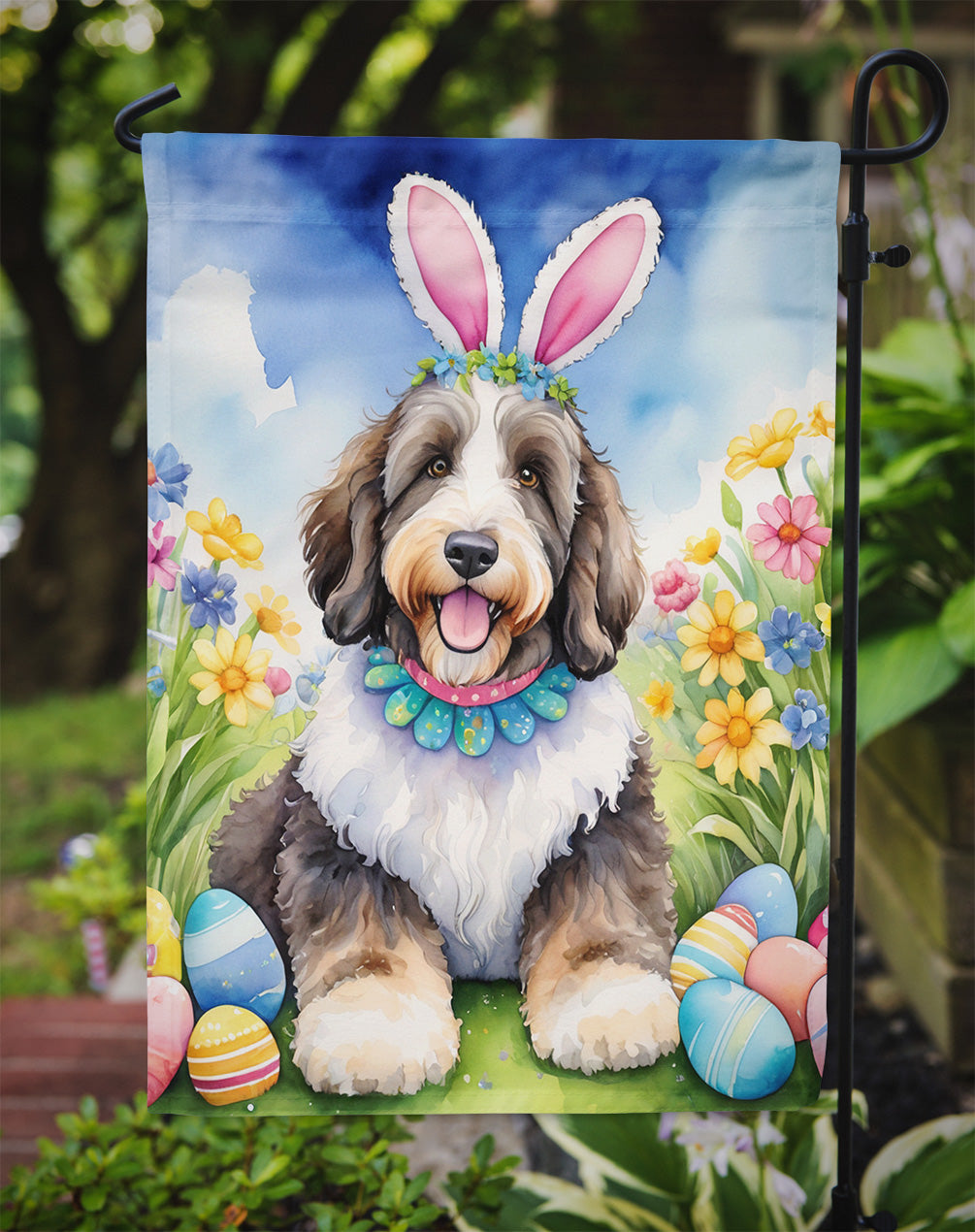 Bernedoodle Easter Egg Hunt Garden Flag