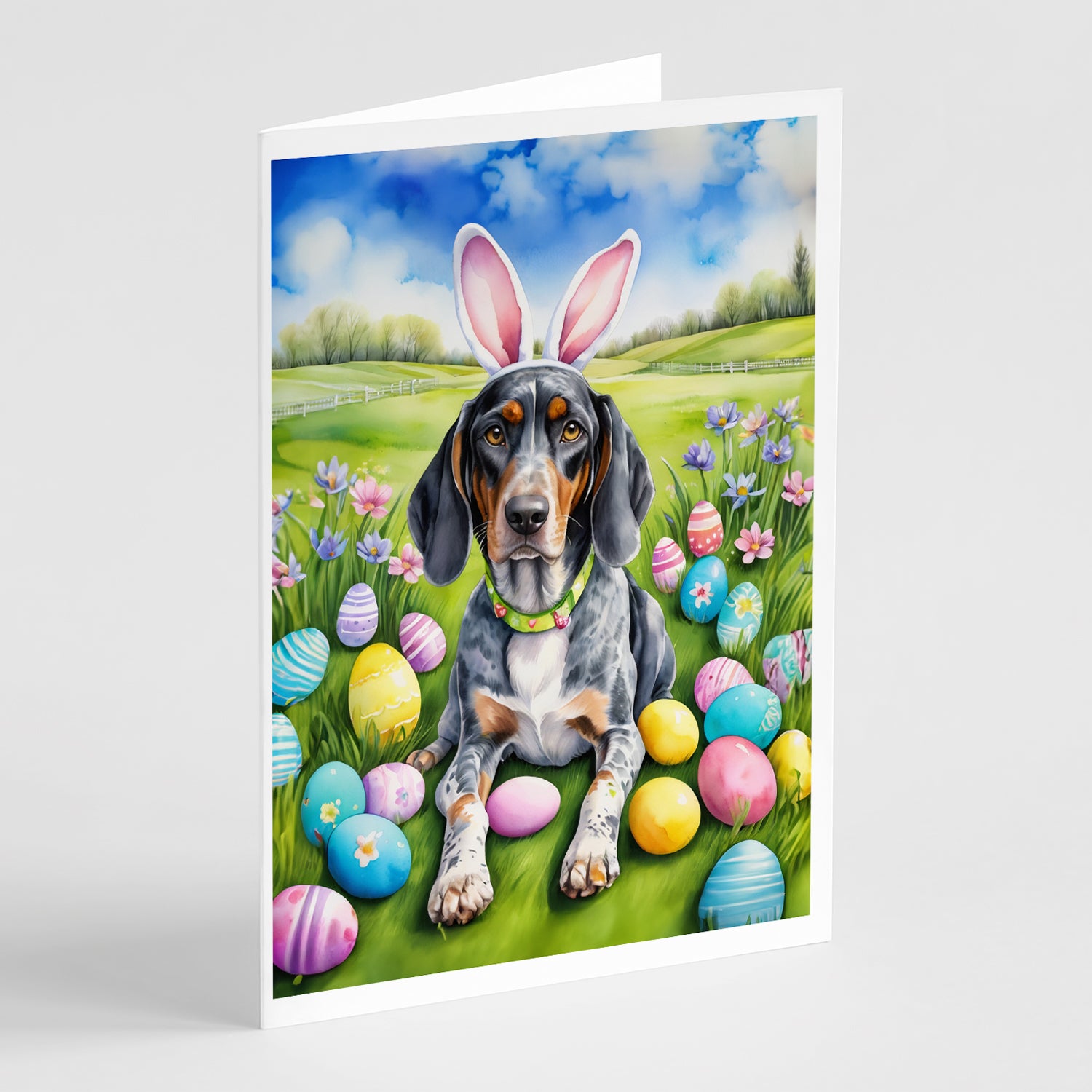 Buy this Bluetick Coonhound Easter Egg Hunt Greeting Cards Pack of 8