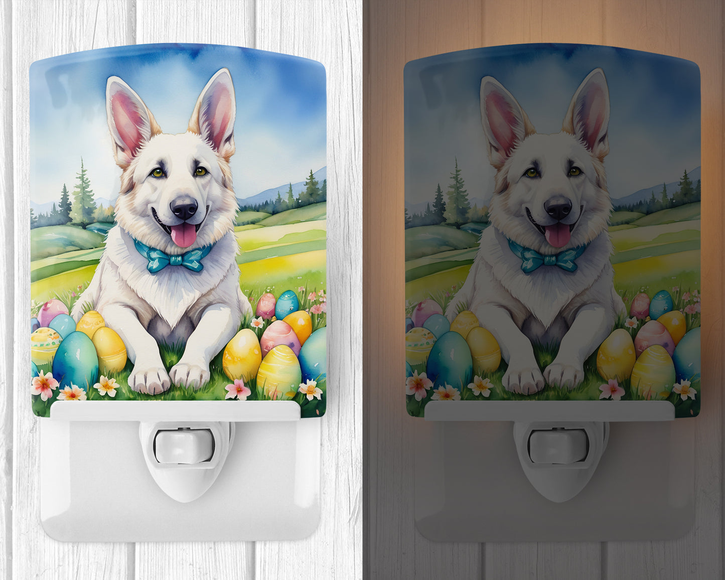 White German Shepherd Easter Egg Hunt Ceramic Night Light