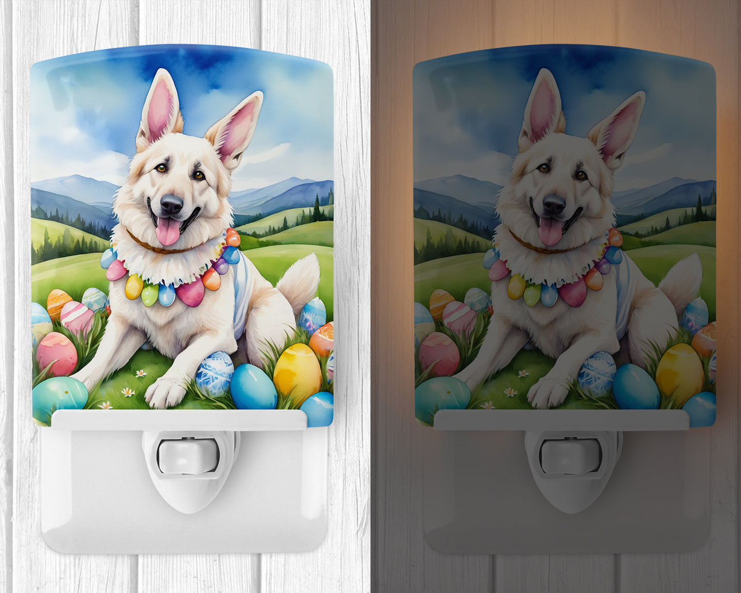 White German Shepherd Easter Egg Hunt Ceramic Night Light