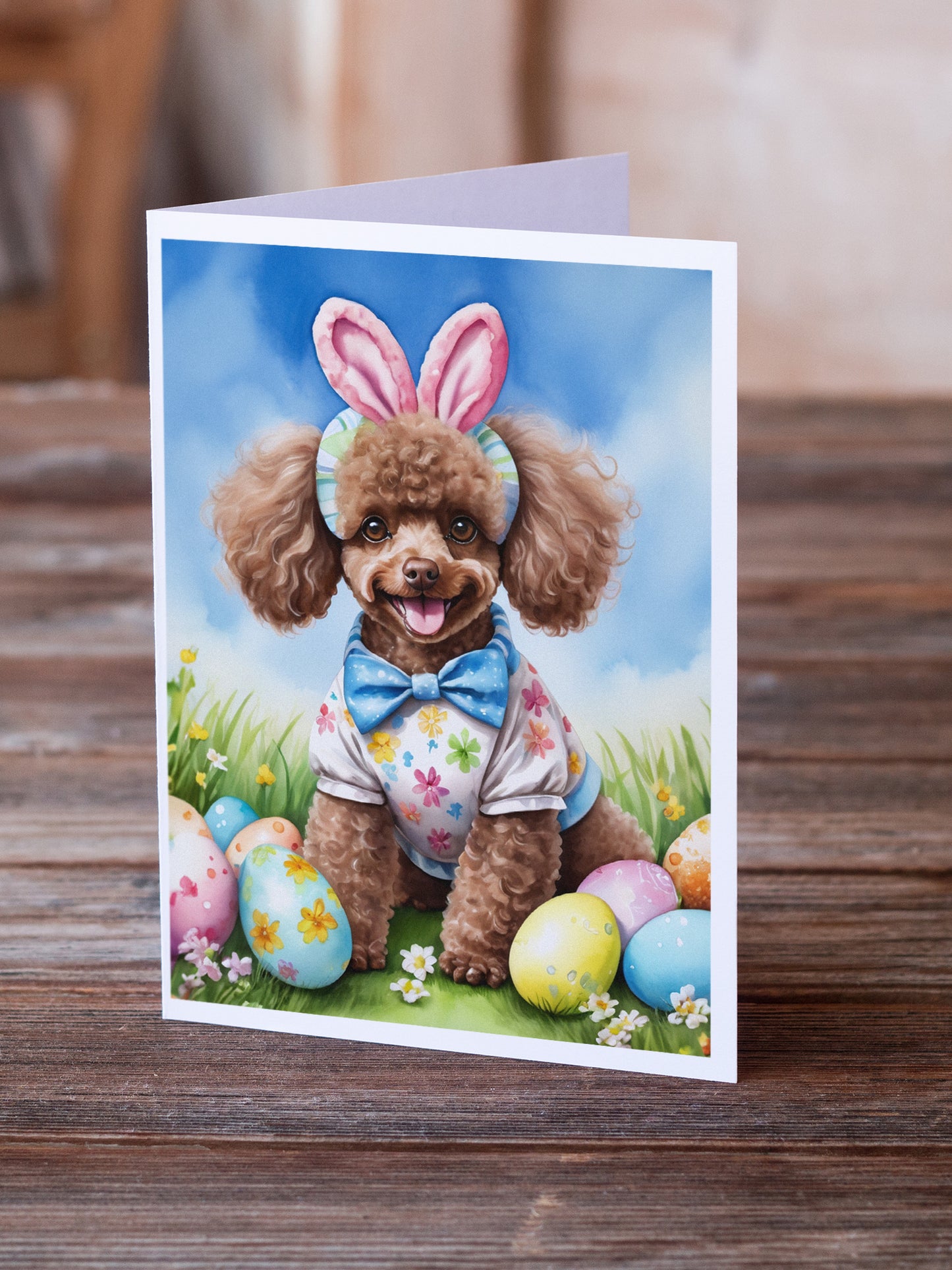 Chocolate Poodle Easter Egg Hunt Greeting Cards Pack of 8