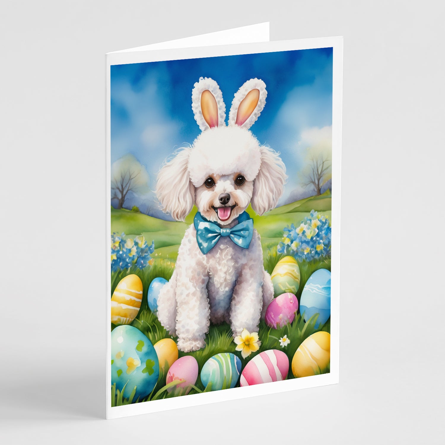 Buy this White Poodle Easter Egg Hunt Greeting Cards Pack of 8