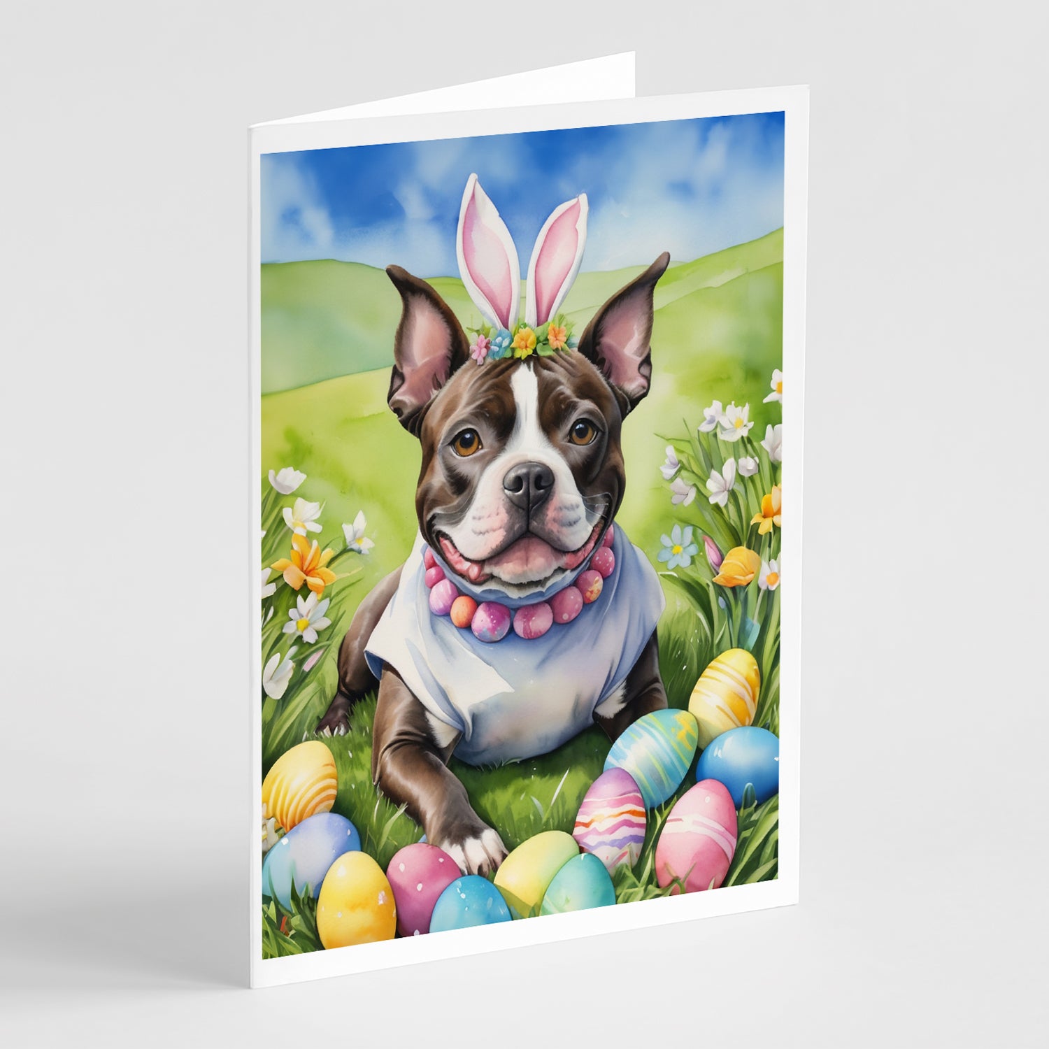 Buy this Staffordshire Bull Terrier Easter Egg Hunt Greeting Cards Pack of 8