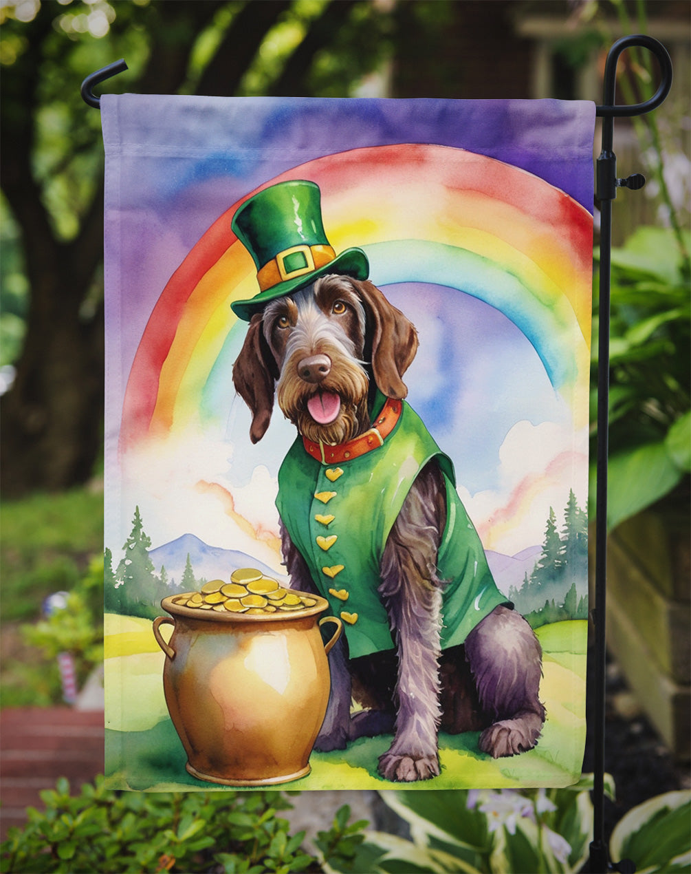 German Wirehaired Pointer St Patrick's Day Garden Flag