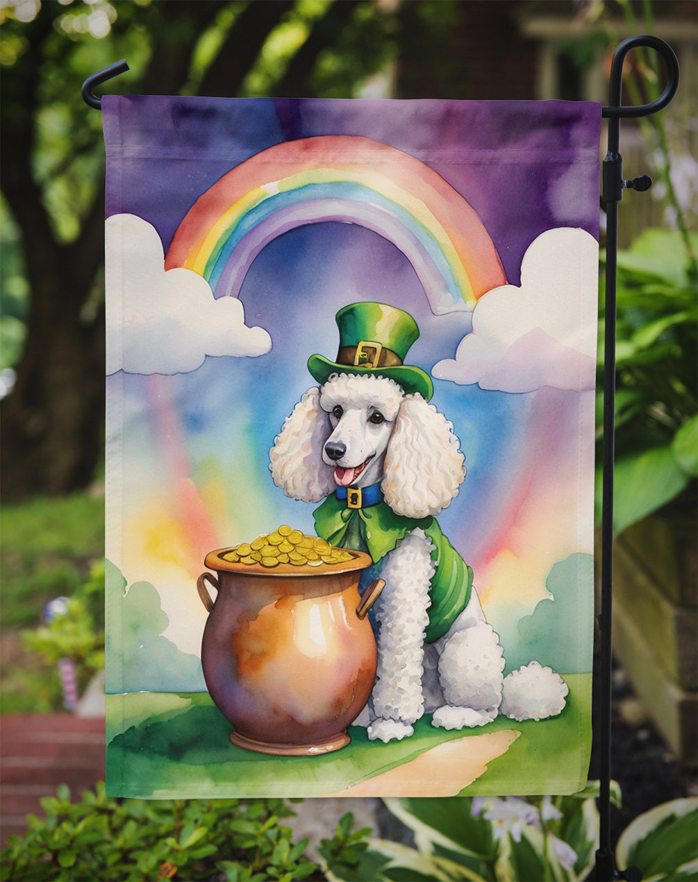 White Poodle St Patrick's Day Garden Flag