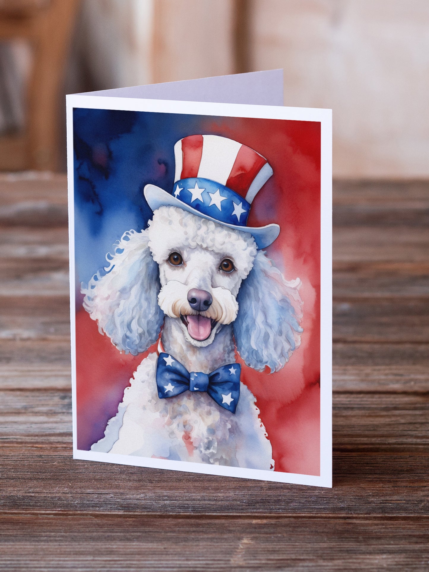 White Poodle Patriotic American Greeting Cards Pack of 8