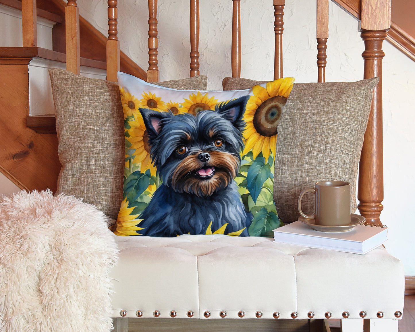 Affenpinscher in Sunflowers Throw Pillow