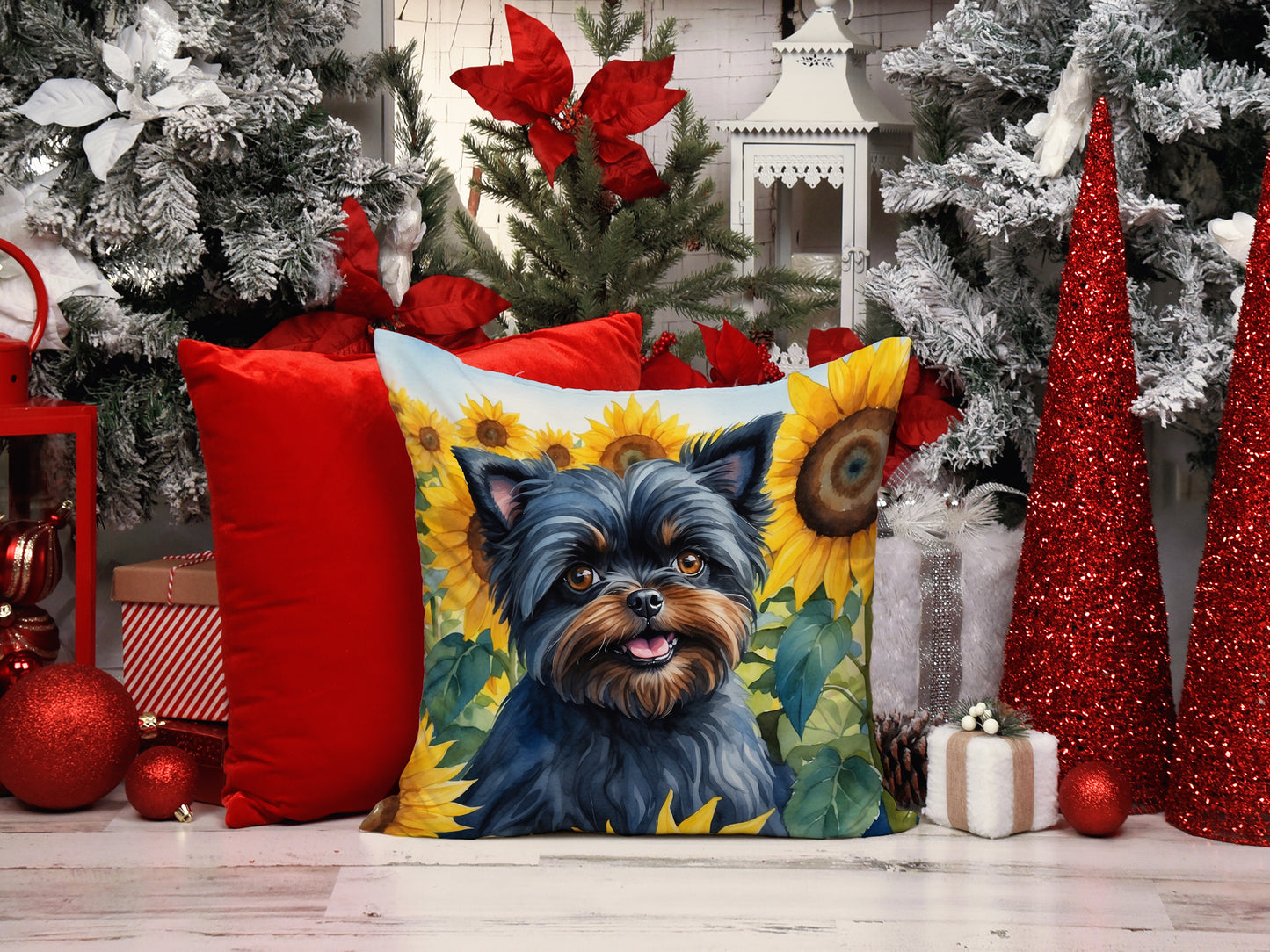 Affenpinscher in Sunflowers Throw Pillow