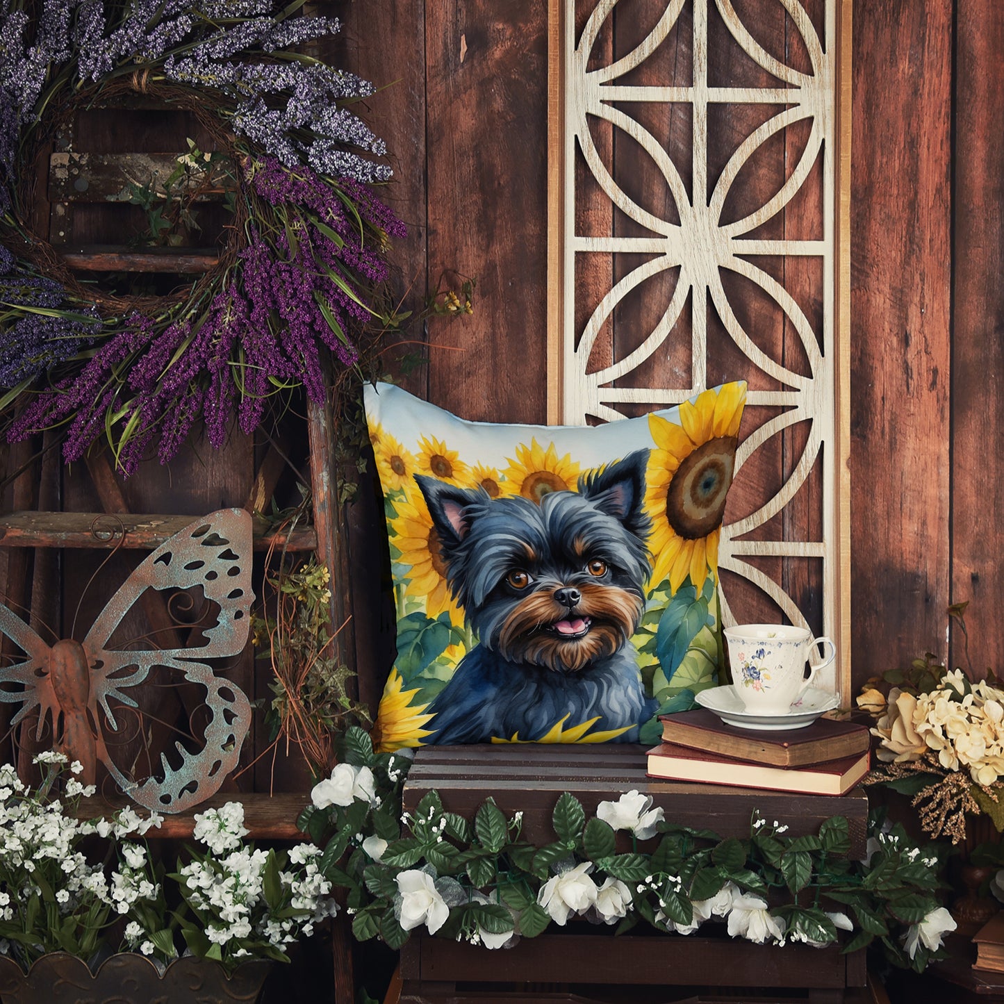 Affenpinscher in Sunflowers Throw Pillow