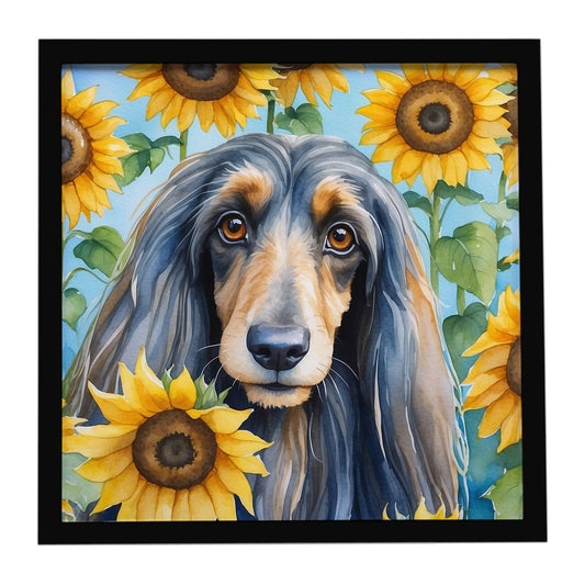 Buy this Afghan Hound in Sunflowers Framed Metal Print