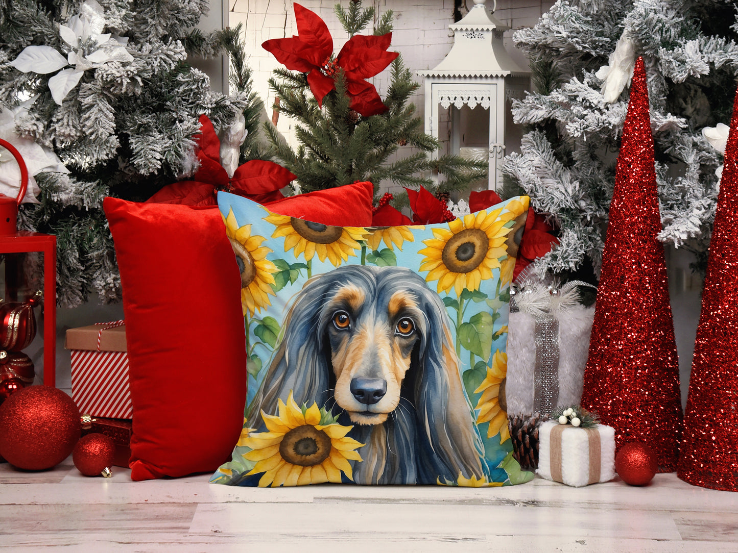 Afghan Hound in Sunflowers Throw Pillow