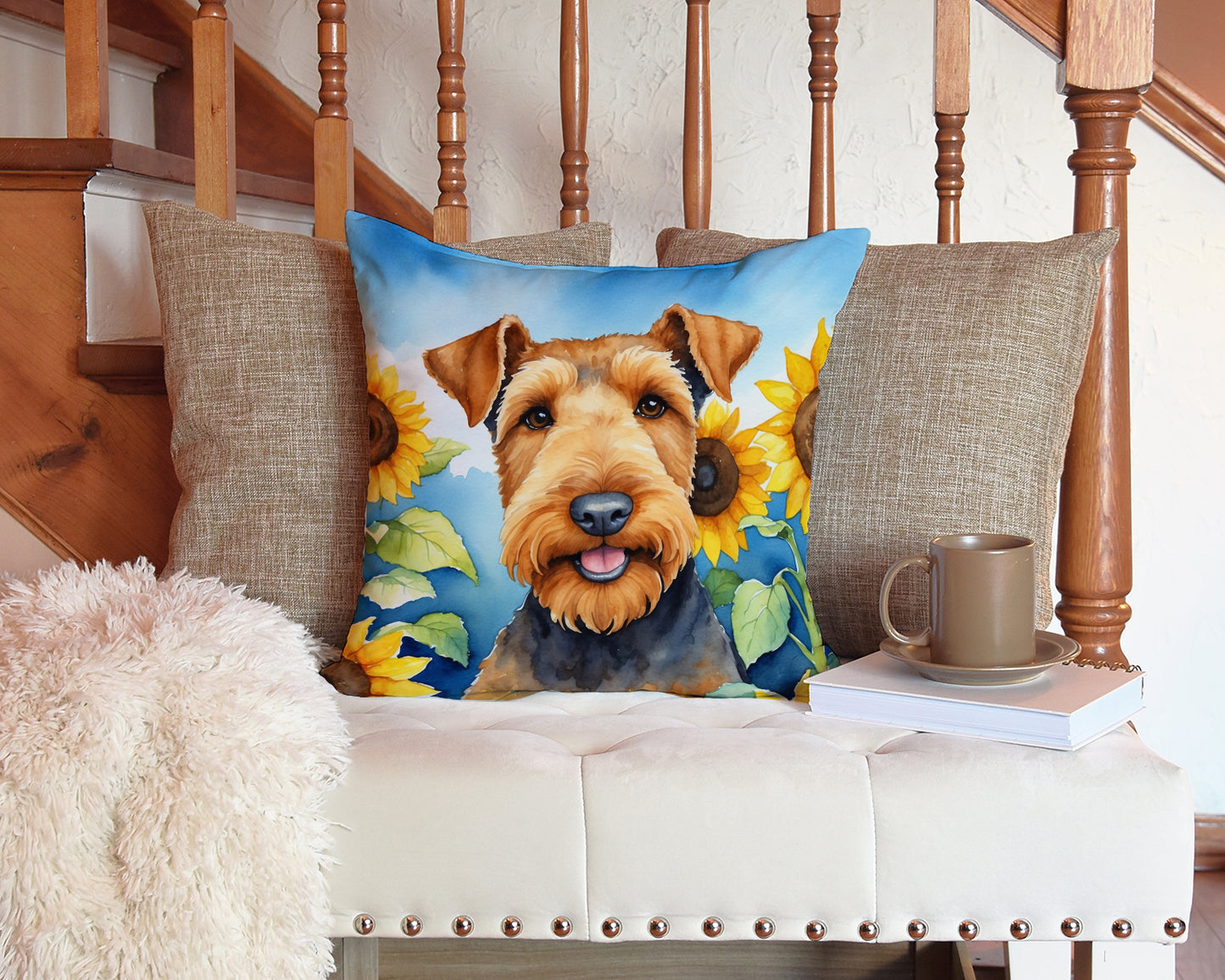 Airedale Terrier in Sunflowers Throw Pillow