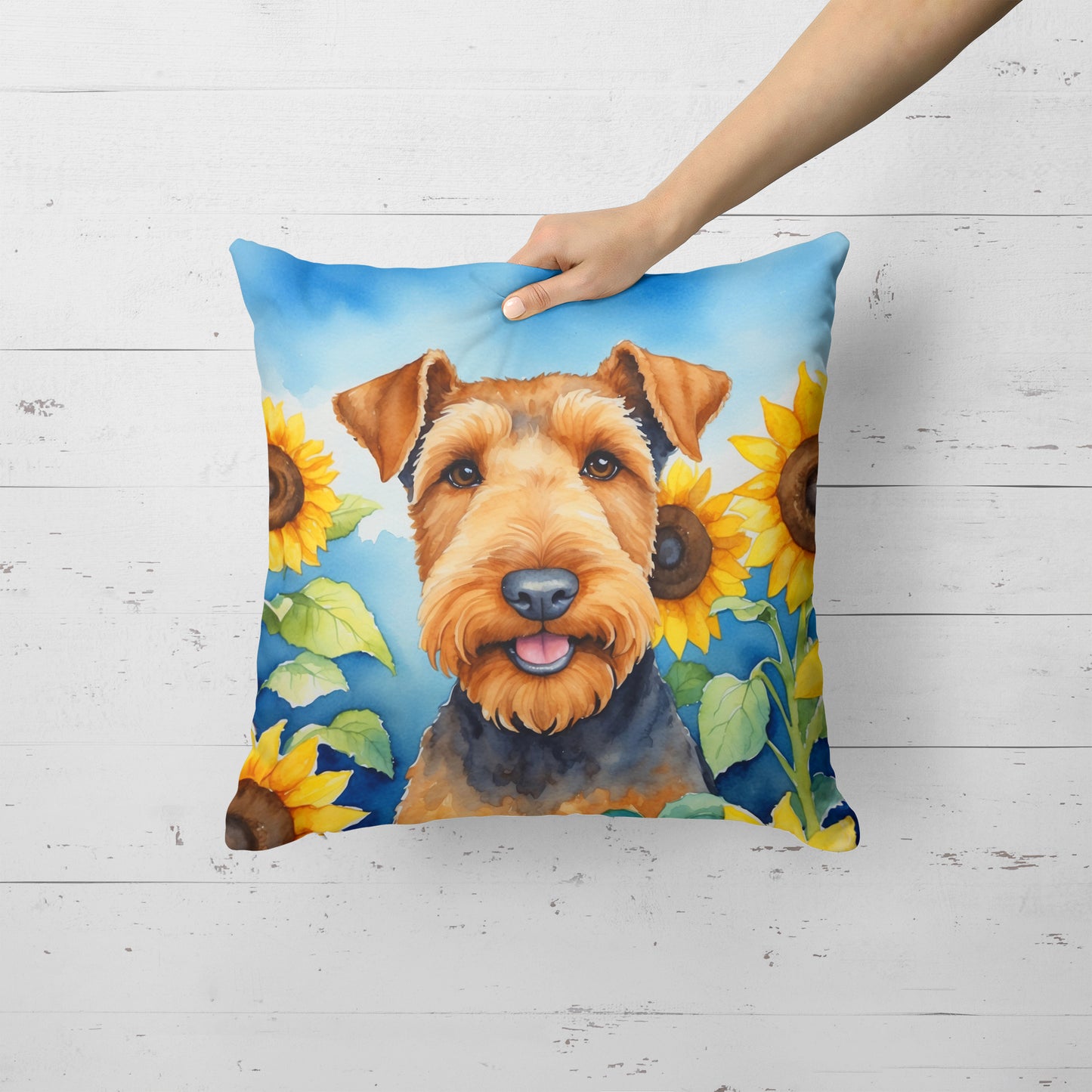 Airedale Terrier in Sunflowers Throw Pillow